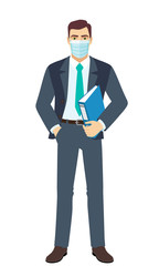Businessman with medical mask holding a folder. Full length portrait of Businessman in a flat style.