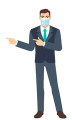 Businessman Businessman with medical mask showing somewhere. Two index fingers pointing. Full length portrait of Businessman in a flat style.