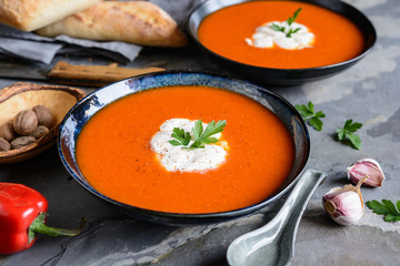 Creamy roasted red bell pepper soup with sour cream