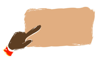 A  frame placard with space  for text a hand with a finger pointing at the sign.  Empty blank for text.Hand draw cartootn style.Vector style.