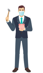 Businessman with medical mask trying to break a piggy bank with a hammer. Full length portrait of Businessman in a flat style.