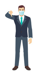 Fototapeta premium Angry Businessman with medical mask showing thumb down gesture as rejection symbol. Full length portrait of Businessman in a flat style.