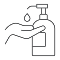 Disinfection soap with hand thin line icon, wash and hygiene, hand soap sign, vector graphics, a linear pattern on a white background, eps 10.