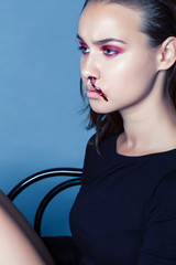problem depressioned teenager with bleeding nose, real junky close up mainstream angry concept,...