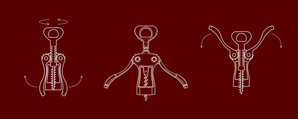 corkscrew - a scheme for opening a bottle. spinning corkscrew - illustration in a flat style. corkscrew in different positions - how to open a bottle with a screw corkscrew. restaurant, sommelier