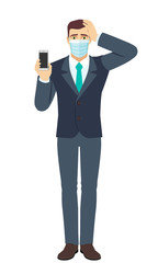 Obraz premium Businessman with medical mask holding mobile phone and grabbed his head. Full length portrait of Businessman in a flat style.
