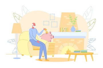 Old Man Saving Pension Money in Piggy-Bank at Home