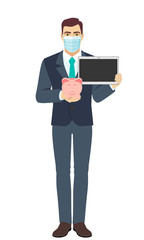 Businessman with medical mask holding a piggy bank and digital tablet. Full length portrait of Businessman in a flat style.