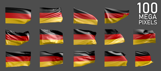 Germany flag isolated - different images of the waving flag on grey background - object 3D illustration