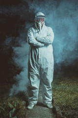 Man dressed up for deadly corona virus or covid 19. Man joking out of a serious pandemic desease....