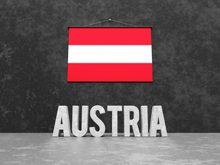 Obraz premium Austria text word and Austrian flag on wall in European Union countries series 3D render