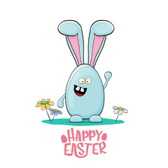 Happy easter greeting card with funny cartoon smiling blue bunny . Easter h2and drawn banner or poster with funky rabbit.