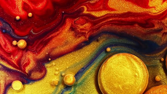 Multicolored Bubbles Of Bright Collors Moving In Paint Oil Surface Beautiful Blue Universe Of Color Slow Motion Macro Red Blue Black And Yellow