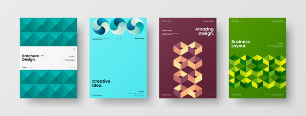 Business presentation vector A4 vertical orientation front page mock up set. Corporate report cover abstract geometric illustration design layout bundle. Company identity brochure template collection.