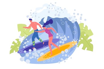 Beautiful Sportive Guy and Girl Surfers on Wave