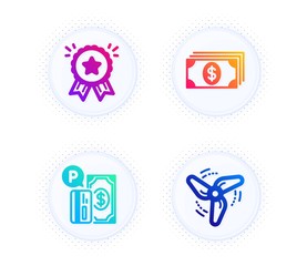 Loyalty award, Banking and Parking payment icons simple set. Button with halftone dots. Wind energy sign. Bonus medal, Money payment, Paid garage. Ventilator. Finance set. Vector