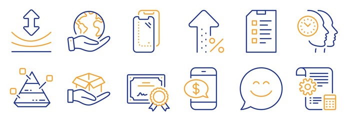 Set of Technology icons, such as Pyramid chart, Phone payment. Certificate, save planet. Smartphone glass, Settings blueprint, Smile chat. Increasing percent, Hold box, Time management. Vector