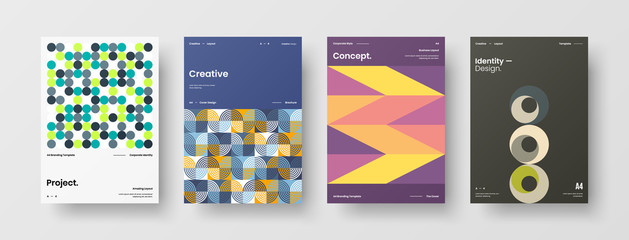 Fototapeta premium Business presentation vector A4 vertical orientation front page mock up set. Corporate report cover abstract geometric illustration design layout bundle. Company identity brochure template collection.