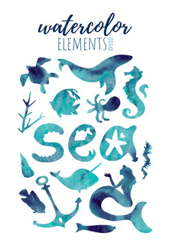 Set of sea animals. With usage of hand made designed alphabet and other elements. Ocean life.