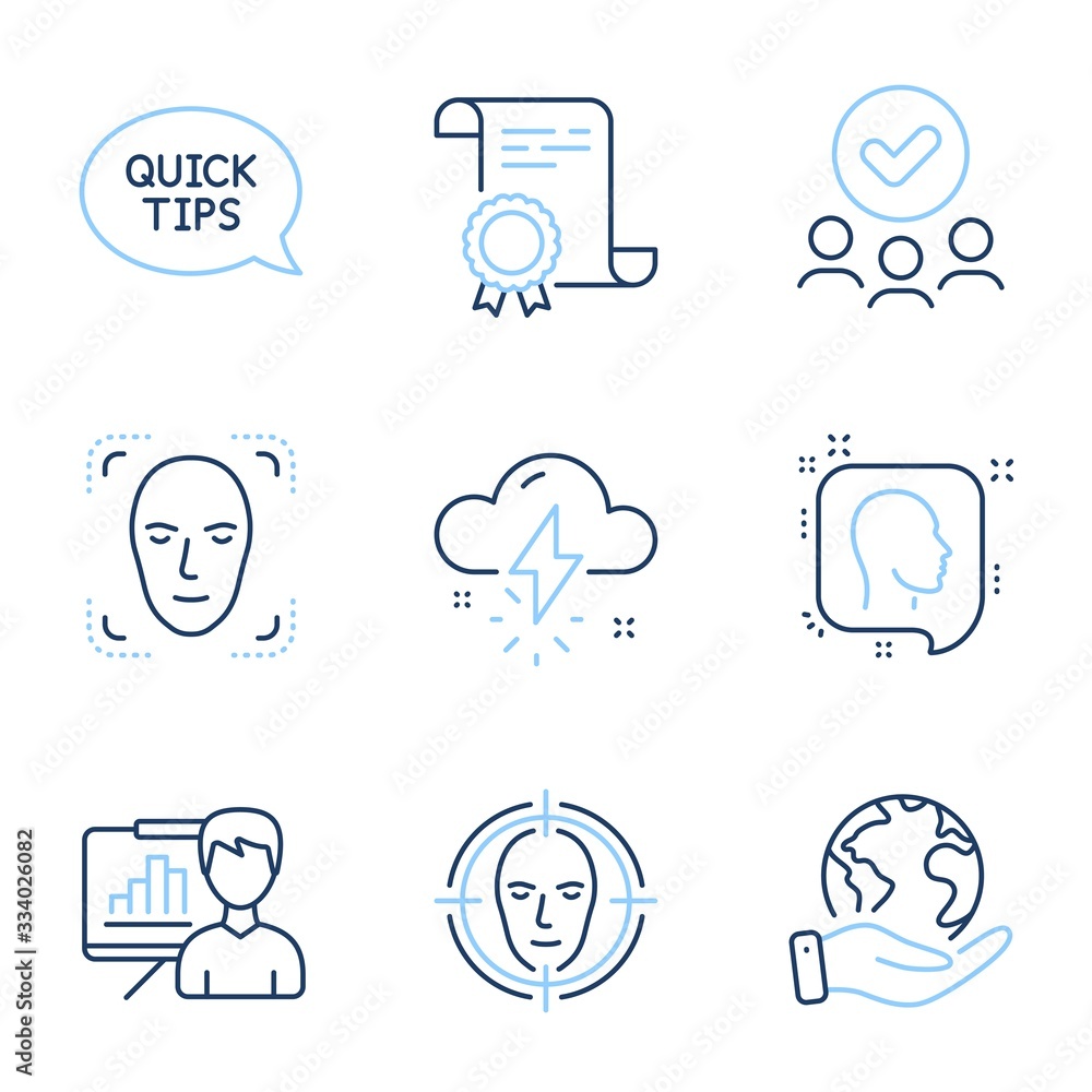 Poster face detection, presentation board and thunderstorm weather line icons set. diploma certificate, sav