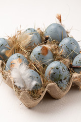 Easter eggs on white background. Blue eggs with feather