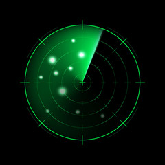 Green radar isolated on dark background. Military search system. HUD radar display. Vector illustration