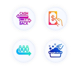 Queue, Receive money and Cashback card icons simple set. Button with halftone dots. Hand washing sign. People waiting, Cash payment, Money payment. Laundry basin. Business set. Vector