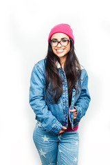 young happy smiling latin american teenage girl emotional posing on white background, lifestyle people concept