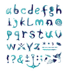 Alphabet. Made with the usage of watercolor abstract stain. Letters have wildlife sea animals shape.