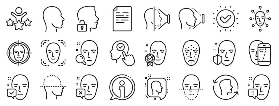 Set of Facial biometrics detection, scanning and unlock system icons. Face recognition line icons. Facial scan, identification, Face id. Confirmed person, Biometrics access, Unlock smartphone. Vector