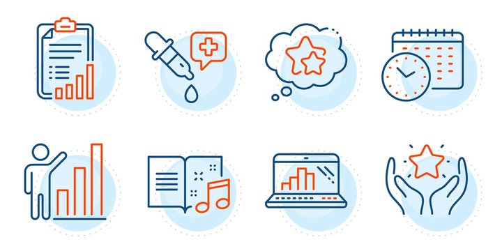 Music book, Chemistry pipette and Calendar time signs. Checklist, Graph laptop and Ranking line icons set. Ranking stars, Graph chart symbols. Mobile report, Hold star. Education set. Vector