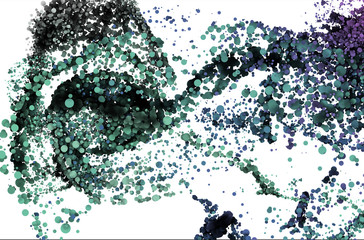 3D illustration abstract liquid background with cloud dust particles connected together as flow. Green, blue and purple circular particles on white background. Circular element flowing in white space.