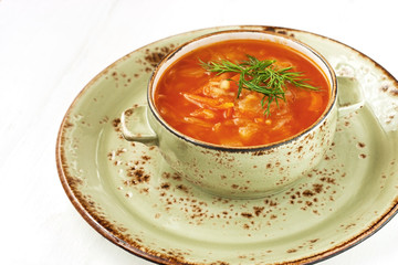 Traditional Russian soup with cabbage - sauerkraut soup