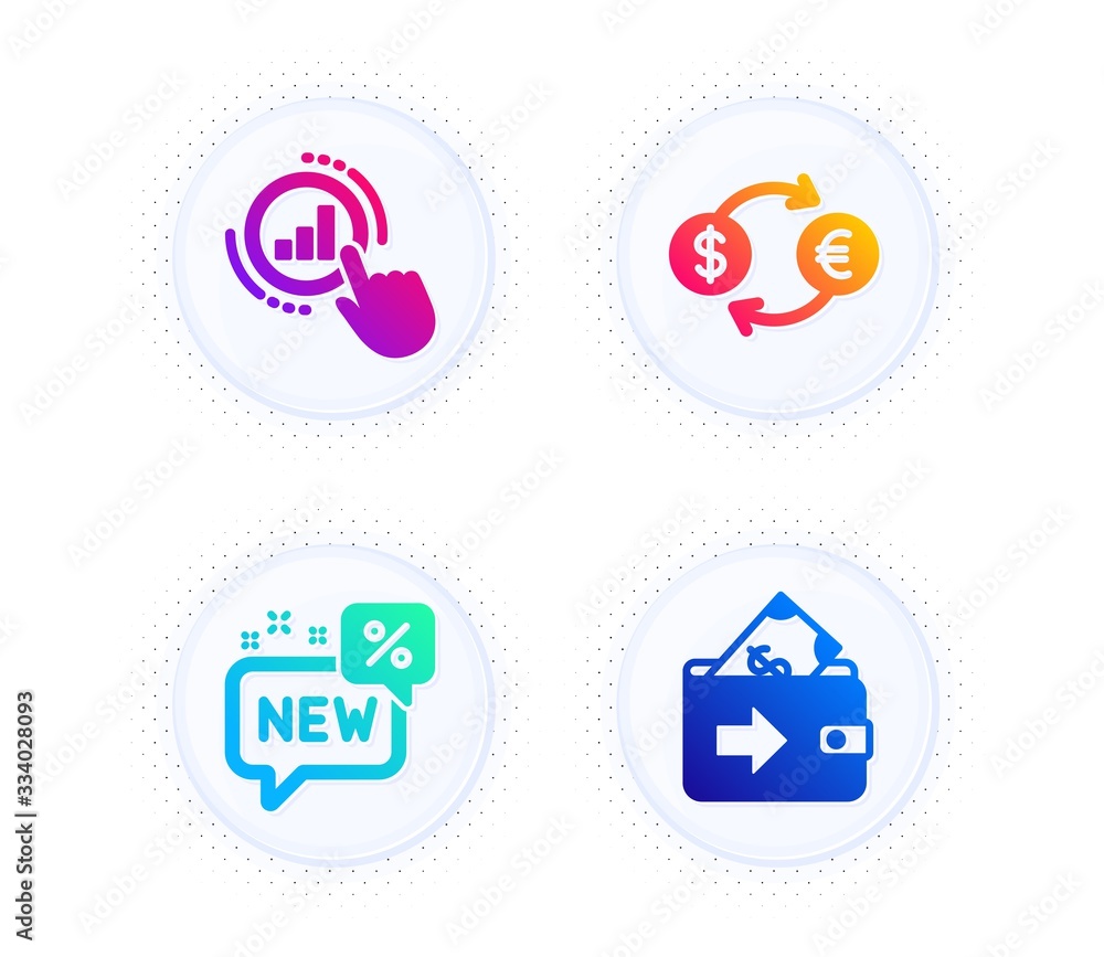 Aufkleber currency exchange, new and graph chart icons simple set. button with halftone dots. wallet sign. ban