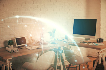 Double exposure of social network theme drawing and office interior background. Concept of web.