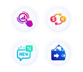 Currency exchange, New and Graph chart icons simple set. Button with halftone dots. Wallet sign. Banking finance, Discount, Get report. Money payment. Finance set. Vector