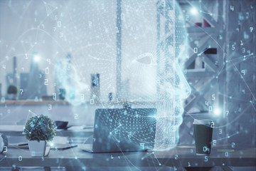 Double exposure of brain drawing and office interior background. Concept of data technology.