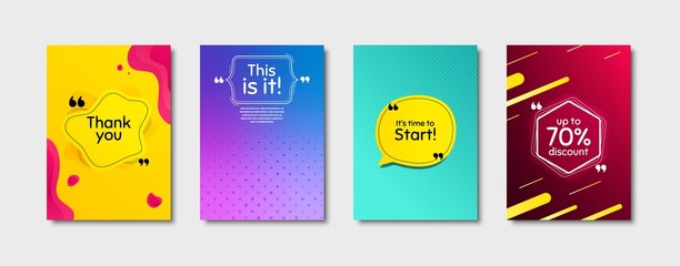 Time to start, 70% discount. Dynamic cover design. Creative fluid background. Thank you phrase. Sale shopping text. Poster cover template with chat bubble. Quote marks speech bubble. Vector