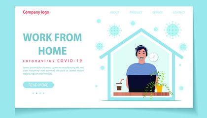 Home office, man working from home. Work from home landing page template. Freelancer use laptop. Online job. Vector illustration in flat style