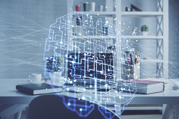 Double exposure of brain drawing and office interior background. Concept of data technology.