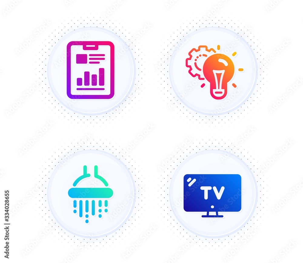 Poster idea gear, shower and report document icons simple set. button with halftone dots. tv sign. technolo