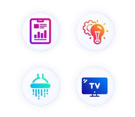 Idea gear, Shower and Report document icons simple set. Button with halftone dots. Tv sign. Technology process, Bathroom, Page with charts. Television. Business set. Vector