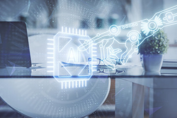 Multi exposure of data theme drawing and office interior background. Concept of technology.