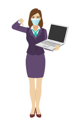 Businesswoman with medical mask holding a laptop notebook and showing thumb down gesture as rejection symbol. Full length portrait of businesswoman in a flat style.