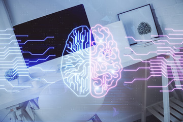 Multi exposure of brain drawing and office interior background. Concept of data technology.