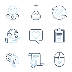 Chemistry lab, Idea gear and Heart line icons set. Diploma certificate, save planet, group of people. Checklist, Scroll down and Approved signs. Laboratory, Technology process, Like rating. Vector