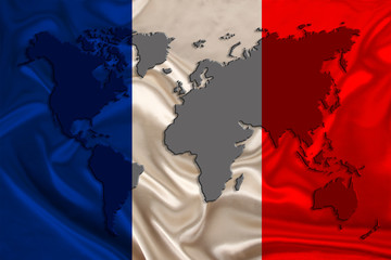silhouette of a world map on the silk national flag of the modern state of France with beautiful folds, concept of tourism, travel, emigration, global business