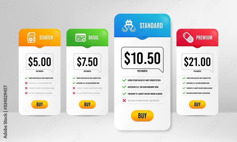 Poster reject web, documentation and capsule pill icons simple set. price table template. ship sign. no int