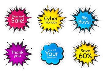 Cyber monday, 60% discount and feedback. Comic speech bubble. Thank you, hi and yeah phrases. Sale shopping text. Chat messages with phrases. Colorful texting comic speech bubble. Vector