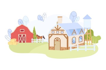 Cartoon Wooden Farmhouse with Red Barn Building